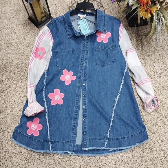 Handmade Jackets & Blazers - 3654 Size Large Easel Upcycled Jean Shacket In Pink and Grey. NWT.